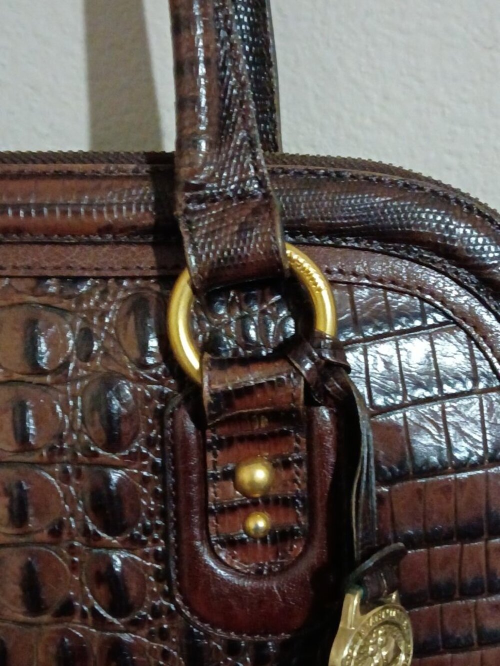 Brahmin Pecan Brown Crocodile Croc Embossed Leather Purse Handbag Dome Top - Picture 4 of 13